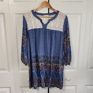 Kori America Mixed Media Tunic Top SZ LG Lace Balloon Sleeve Boho Gypsy Festival